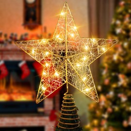 AUMAYCO Gold Christmas Tree Topper Star with Warm White LED Lights, 20 LED Lights Star Tree Topper for Christmas Tree Decorations and Xmas Holiday Seasonal Décor, 11.8 x 9.5 Inch, Battery Required