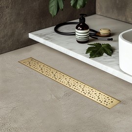 Sharp-tec 28 inch Linear Shower Drain, Gold Rectangular Floor Drain, V-Shape Design Drain Channel, 304 Stainless Steel, cUPC Certificated for Bathroom Shower Room (Drain Base is Not Included)