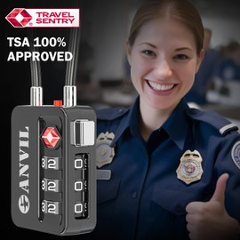 ANVIL TSA Locks for Luggage with Search Alert: Durable Cable Combination Locks, TSA Approved - Secure Travel Locks for Suitcases, Backpacks & Gun Cases (2, Black)