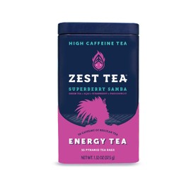Zest Tea Energy Hot Tea, High Caffeine Blend Natural & Healthy Black Coffee Substitute, Perfect for Keto, 135 mg Caffeine per Serving, Superberry Samba Green Tea, Tin of 15 Sachet Bags