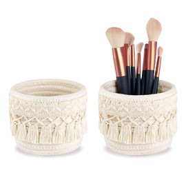 Kotkiddy 2 Stück Make-up-Pinselhalter, Organizer, Kammpinsel, Mini-Aufbewahrungskorb, Körben mit Boho-Dekor für Stifte, Bleistiftbox, Behälter, 10×10cm(Weiß)