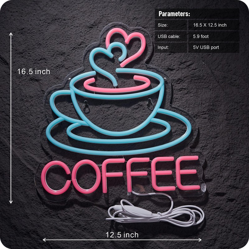 Coffee Neon Sign for Business, USB Powered Dimmable Bright Signs