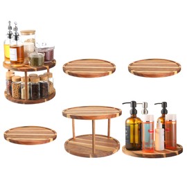 Reallnaive 6 Pcs 11" Acacia Wood Lazy Susan Organizer Include 2 Pcs 2 Tier Spice Rack 4 Round Revolving Turntable Tray for Cabinet Kitchen Countertop Pantry Table Organization Coffee Bar