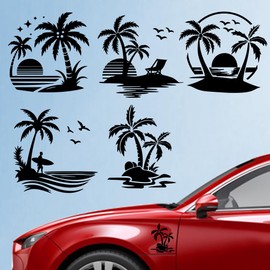 Hobbspring 5Pcs Coconut Tree Car Sticker 14.8x15.5cm Beach Scene Vinyl Car Decals Ocean Sunset Plastic Vehicle Decoration Decal for Auto Window and Body Cling