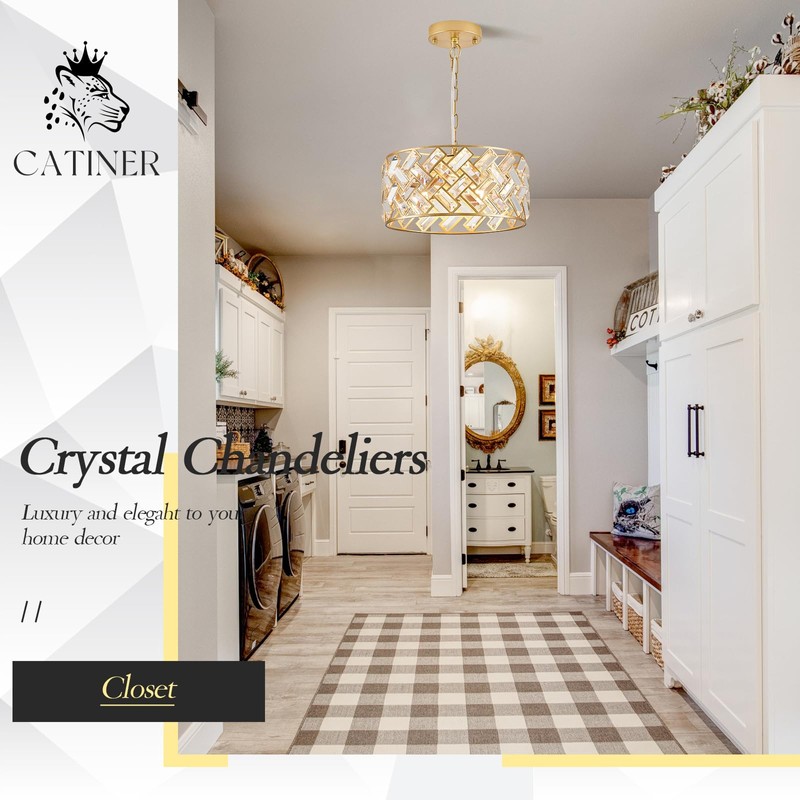 CATINER Modern Gold Crystal Chandeliers, Small Semi Flush Mount Chandelier