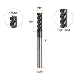 sourcing map Carbide Square Nose End Mill Bit 3/16" Cut Dia 4 Flutes TiAlN Coated Milling Cutter for Hardened Steel Metal (3/16" Shank 5/8" Cut Length 2" Long 45 Degree HRC49-51)