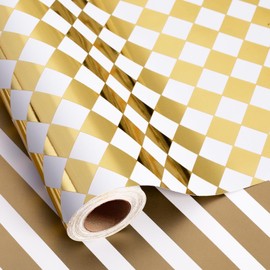 HOMERAL Checkered Wrapping Paper Roll - White and Gold Metallic Foil Diamond & Stripe, Reversible Gift Wrap for Birthday, Mothers Day, Fathers Day, Graduation, Wedding, Bridal Shower, Christmas - Mini Roll - 17 In x 33 Ft