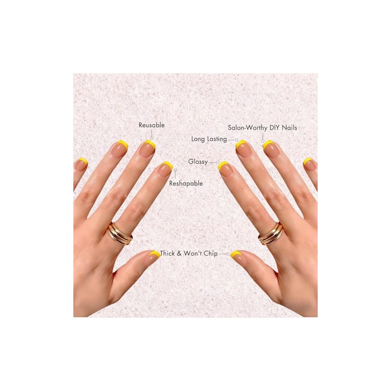 Uñas postizas cortas con punta francesa cuadrada y pegamento, color