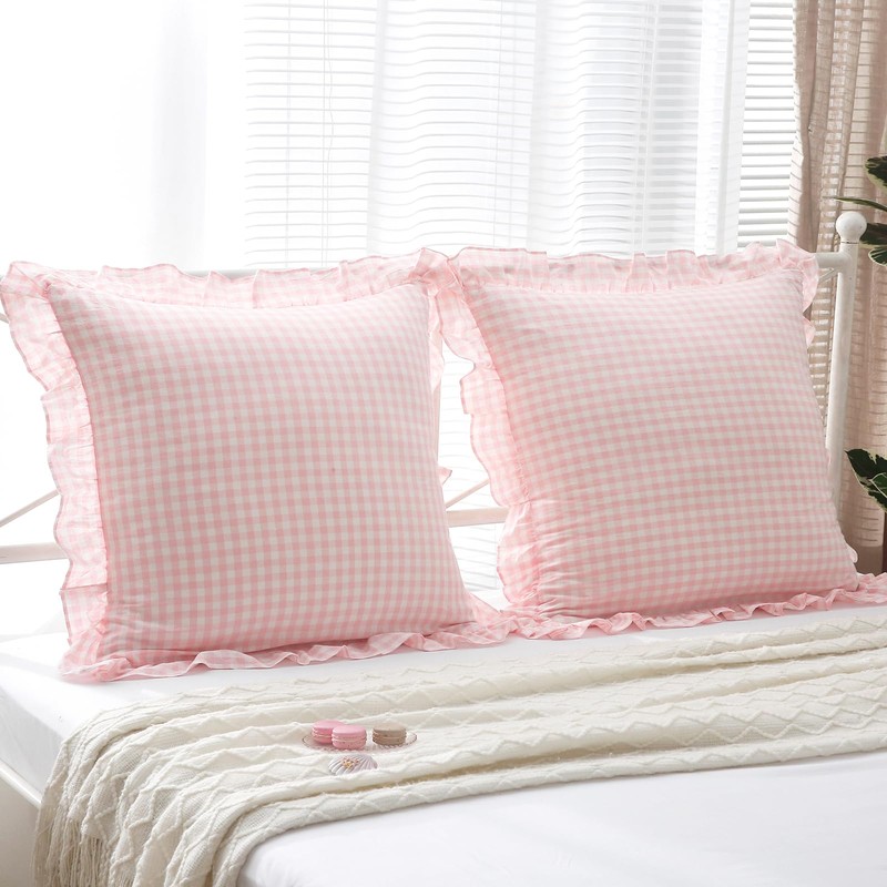 2 Pack Blush White Gingham Euro Pillow Shams 26''x26'' |