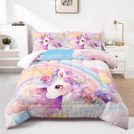 Nttopship Kawaii Rainbow Unicorn Comforter Set Twin for Girls Kids,Cute Cartoon Unicorn 3 Pieces Bedding Sets for Girls Room Decor,Kawaii Down Alternative Comforter Set for All Season