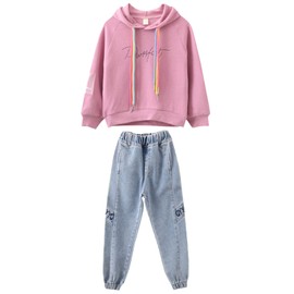 amropi Girl's Clothing Set Hooded Sweatshirt and Jogging Jeans Pants Outfits Pink,5-6 Years