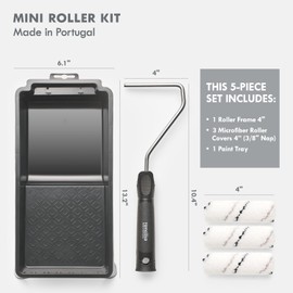 Remolika 5-Piece Mini Paint Roller Kit - Made in Portugal - 3 Premium 4” Microfiber Roller Covers, a Roller Frame, and a Paint Tray, for Professionals or Homeowners