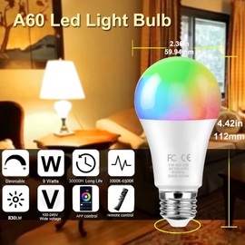 GRV 9W A60 Smart Light Bulb with a 2.4GHz Remote Control,RGBCW Color Changing Led Bulb,Stepless Dimmable 3000K-6500K,65W Incandescent Lamp Equivalent,830LM CRI>80,E26 Base,Home Decor,1 Bulb & Remote