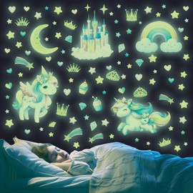 DECOWALL GDS4-8089 Glow in The Dark Unicorn Wall Stickers Decals Kids Stars Glowing Castle Moon Rainbow