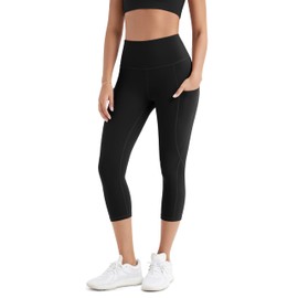 ODODOS Women's High Waisted Yoga Capris with Pockets, 21" Inseam Tummy Control Workout Sports Running Capri Leggings, Black, X-Large