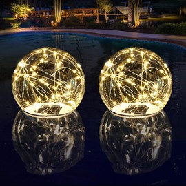 LENONE Floating Pool Lights Solar Powered, 6.5" Warm White Light Up Solar Pool Lights That Float, Waterproof Solar Globe Lights for Pool, Updated Floating Pool Balls for Yard Patio Party Decor - 2PCS