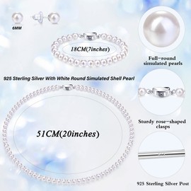 Morfetto Pearl Necklace Set for Women Men White Round Simulated Shell Sterling Silver Pearl Necklace Bracelet Earrings 6MM Choker Pearl Necklace Set for Women Girls With Gift Box 20Inch