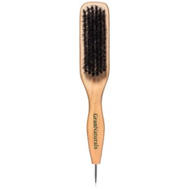 GranNaturals Smoothing & Styling Middle Part Boar Bristle Slick Back Hair Brush w/Narrow Metal Rat Tail End for Sectioning and Parting Sleek Ponytail Bun - Teasing, Backcombing, Edge Control