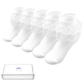 Fassory 5 Pairs Girls White Frilly Socks, Girls White School Socks, Princess Lace Top Cotton Socks (as8, age, 7_years, 9_years, regular, White)