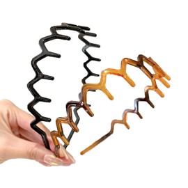 Qiansail 2Pcs Zig Zag Headbands, Tooth Hair Hoop Headband Plastic Wavy Anti-slip Hairbands Hair Accessories for Women and Girls (Glossy-Black, Amber, One Size)