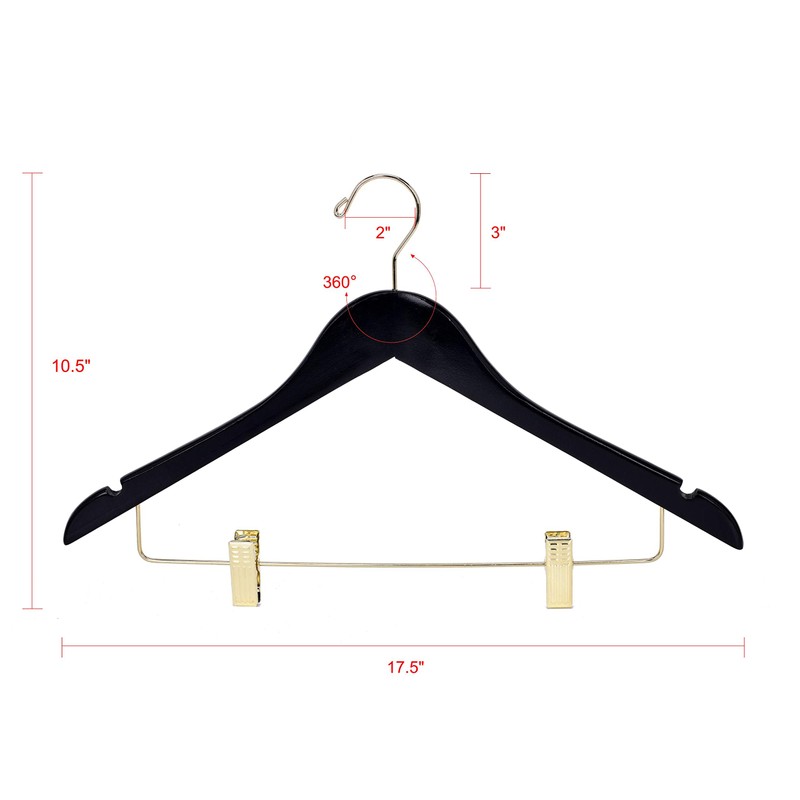 Quality Black Wooden Skirt Hangers with Clips, 20-Pack Smooth Solid