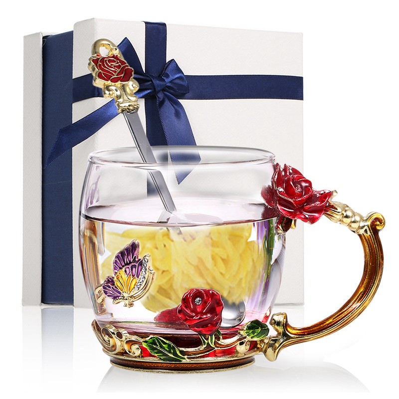 Glass Cup Innovative Flower Tea Cup with Spoon Drink Mug
