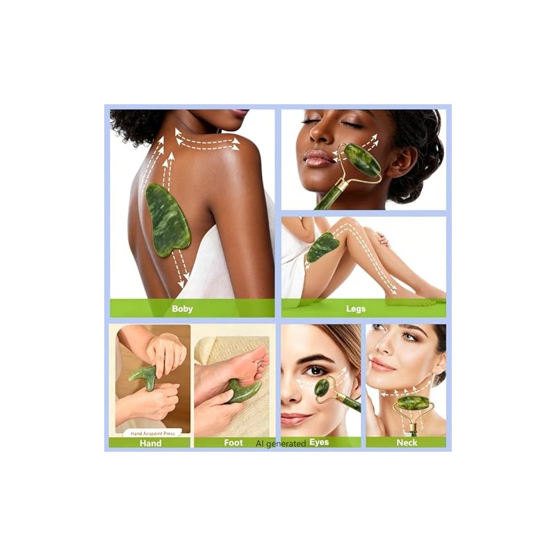 Gua Sha Facial Tool and Jade Roller Set for Face