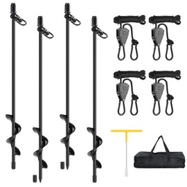 Tent Stakes Ground Anchors Screw in 4 Pack 17.7" Shed Anchors Kit High Wind with Retractable Heavy Duty Tie Down Straps, Earth Anchors for Tent Swing Set Trampoline Mobile Home Carport Canopy Gazebo