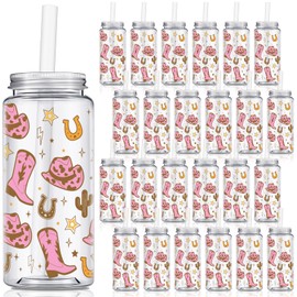 Qinyoung 24 Pcs Western Cowgirl Cowboy Plastic Tumbler 14.2 oz Reusable Cups with Lids and Straws Beer Can Iced Coffee Cup for Preppy Party Decoration Women Cowgirl Gift (Pink Brown,Classic Style)