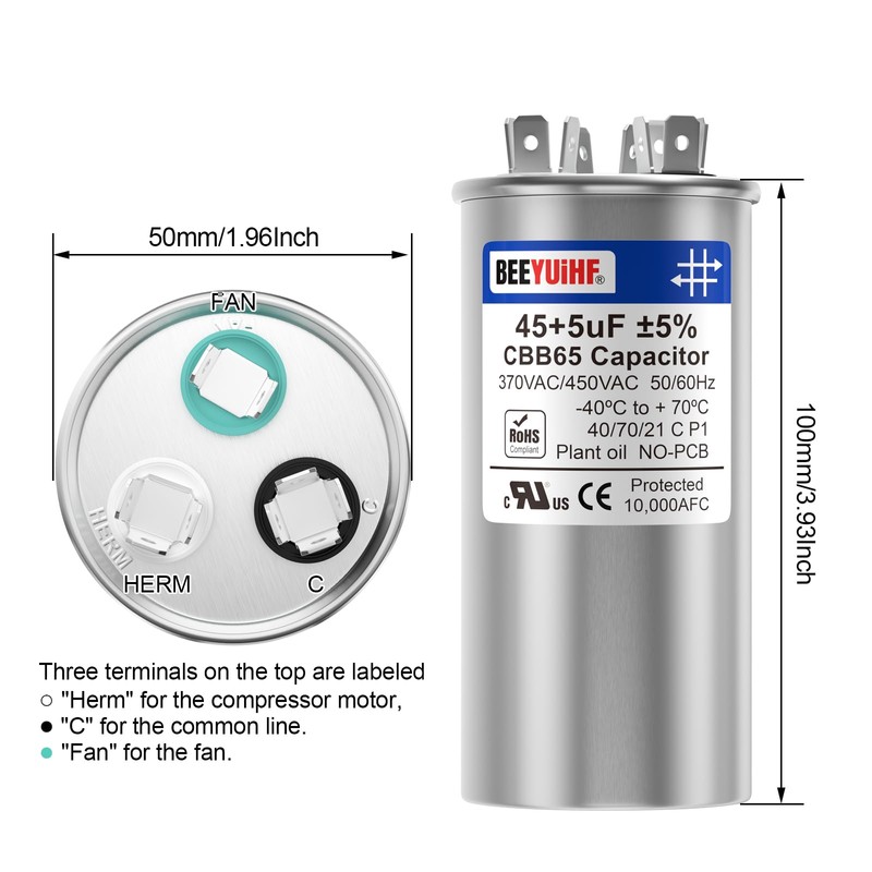 BEEYUIHF 45+5uF ±5% 45/5 MFD 370/440/450V AC 50/60Hz CBB65 Capacitor