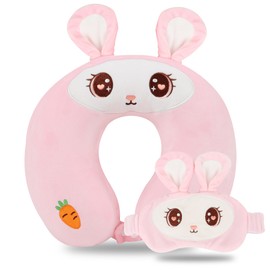 MissSoul Reisekissen, Kinder-Reisekissen mit Schlaf-Augenmaske, weiches Memory-Schaum-Nackenkissen für Kinder, Jungen & Mädchen, Teenager, Reisezubehör für Flugzeug – Rosa Kaninchen-Nackenkissen