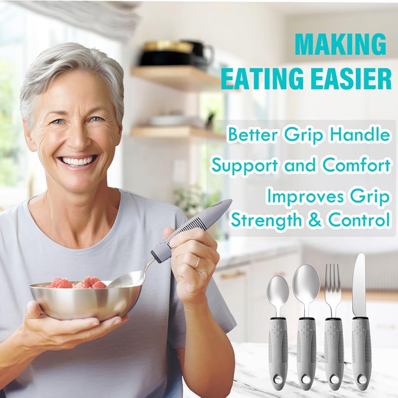 Adaptive Utensils, Adaptive Utensils 4pcs for Hand Tremors,Elderly, Arthritis,Parkinsons-Built Up