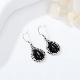 Black Onyx Earrings 925 Sterling Silver Pear Shaped Teardrop Filigree Vintage Dangle Drop Earrings for Women Mothers Day Gift for Mom