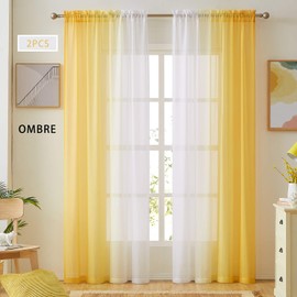 Ombre Faux Linen Sheer Curtains for Bedroom Living Room Rod Pocket, Privacy and Light Filtering, 2 Tone Reversible Gradient Voile Semi Window Curtains, Set of 2 Panels, Yellow, 54 x 72 Inch Length