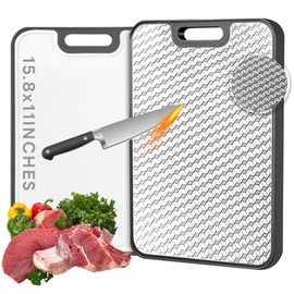 Stainless Steel Cutting Boards, Double Sided Cutting Board for Kitchen, Wheat Straw and Stain Steel Chopping Board for Meat ＆ Veggies, Scratch Resistant Mesh Design, Dishwasher Safe-15.8 * 11 Inch