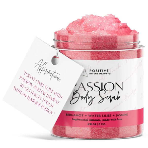 Positive Intent Beauty, Passion Sugar Scrub with Affirmation Card, Jasmine, with Plant Botanicals and Vitamins, Brightening Scrub, Scars, Stretch Marks, All Skin Types, Aromatherapy, 8oz
