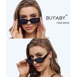 BUTABY Rectangle Sunglasses for Women Retro Driving Glasses 90’s Vintage Fashion Narrow Square Frame UV400 Protection Black & Leopard