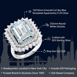 Gem Stone King 7.24 Cttw Sky Blue Simulated Aquamarine Ring For Women | 925 Sterling Silver | Emerald Cut 14X10MM | Available In Size 5, 6, 7, 8, 9