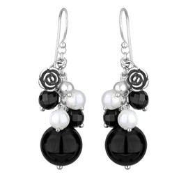 Elli Women's Rose Pendant Earrings with Onyx and Shell Pearls in 925 Sterling Silver, Rubber Rubber Shell, Onyx