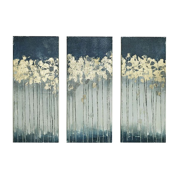 Madison Park Wall Art Living Room Decor - Embelished Gold Foil Triptych Canvas Home Accent Dining, Bathroom Decoration, Ready to Hang Painting for Bedroom, 15" x 35", Midnight Forest Blue 3 Piece