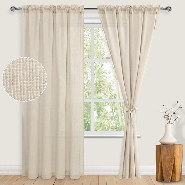 JIUZHEN Butter Linen Sheer Curtains 84 inch Length 2 Panels Set with Tiebacks, Rod Pocket Privacy Light Filtering Textured Semi Sheer Drapes for Living Room/Bedroom，W 60 x L 84