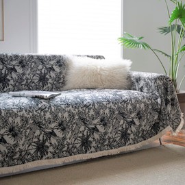 VClife Jacquard Couch Cover Soft Polyester White Black Floral Slipcover Furniture Protector Vintage Couch Cover for 3 Cushion Couch Sofa Living Room Sectional Sofa Cover for Kid Pet Dog Cat, 71"X150"