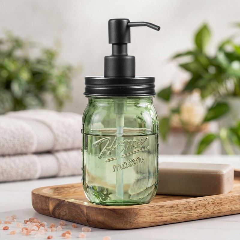 Amolliar Green Glass Mason Jar Liquid Soap Dispenser, 16OZ, Black