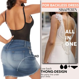 SHAPERIN Women's Deep V Backless Body Shaper Bra Faja Plunge Low Back Thong Shapewear Tummy Control Bodysuit (Small,Black)