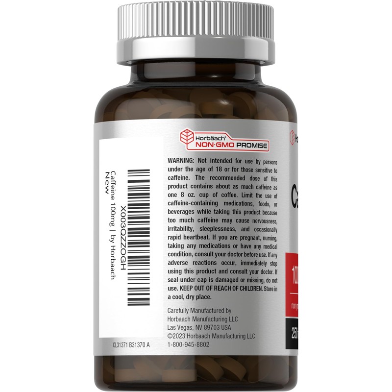 Horbäach Caffeine Pills 100mg | 250 Tablets | Vegetarian Formula