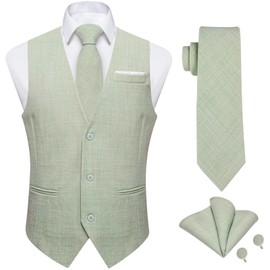 DiBanGu Mens Casual Suit Vest Sage Green Linen Vest for Men Solid Color Waistcoat Tie Pocket Square Cufflinks Wedding XL