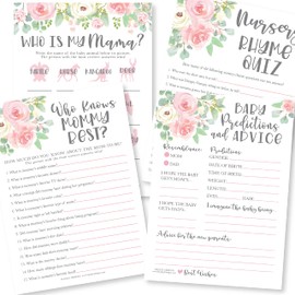 50 juegos florales de baby shower para niñas – 4 juegos de doble cara, quién sabe mamá mejor juego de baby shower, juego de nombres de animales del bebé, canción de la guardería, baby shower, predicción y consejos para bebés