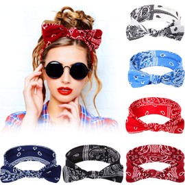 6 Pieces Paisley Headbands Boho Bow Bandana Knot Headwrap Retro Flower Printed Elastic Rabbit Ear Hairband for Girls and Women（Paisley style 2）