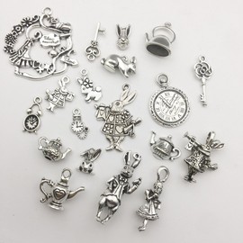 40pcs Antique Silver Alice in Wonderland Fairy Tales Tea Party Steampunk Victorian Necklace Bracelet Charms (M077)