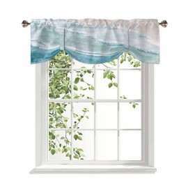 Summer Tie Up Valance for Kitchen Windows, Watercolor Blue Ocean Beach Tie-up Curtain Shade Valances 54"x18" Rod Pocket Short Curtains Window Treatment for Living Room Oil Painting Coastal Seascape